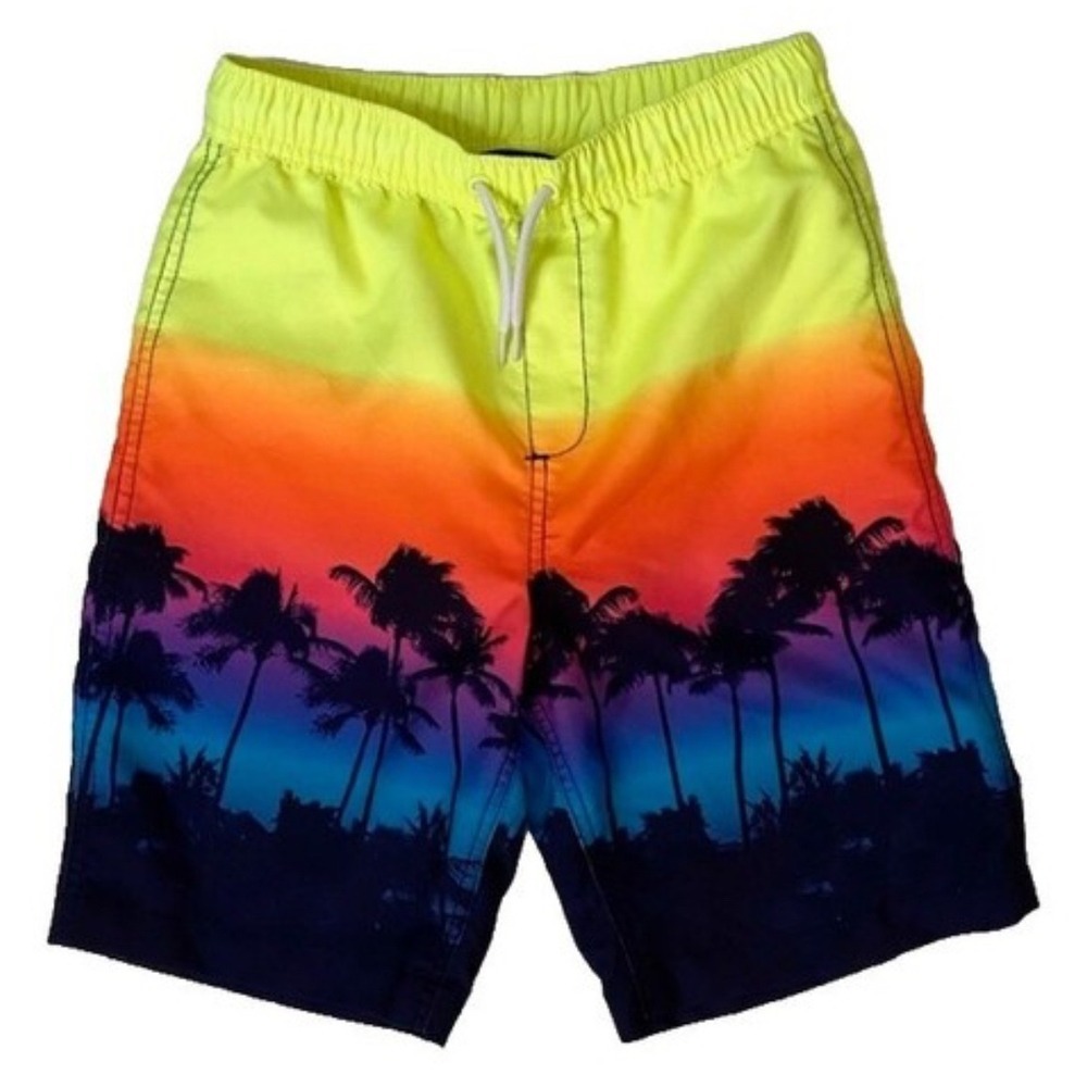 NWOT Lands End Mens Swim Trunks Sunset Ombre Palm Board Shorts Neon Multi Color